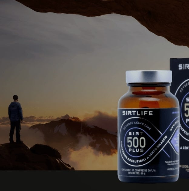 a man standing on a scenic overlook, gazing at a panoramic landscape with mountains or city skyline in the distance. A bottle of supplements is positioned nearby, drawing subtle attention without distracting from the view.