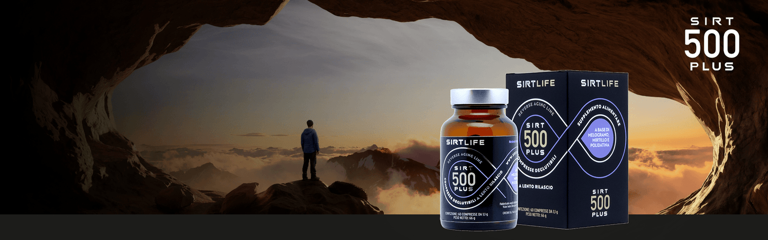 a man standing on a scenic overlook, gazing at a panoramic landscape with mountains or city skyline in the distance. A bottle of supplements is positioned nearby, drawing subtle attention without distracting from the view.